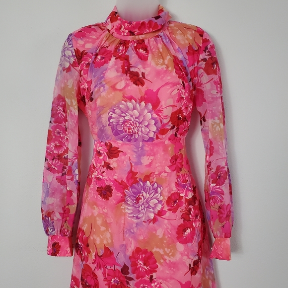 VTG 60s Hot Pink Flower Maxi Dress - US S - Picture 2 of 14